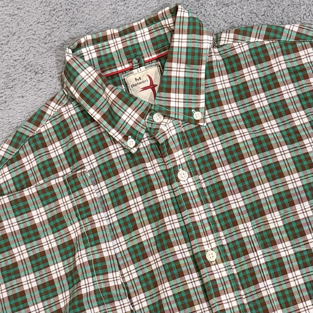 Relwen Shirt Mens Medium Madras Plaid Teal/Brown/White S/S Button Down Cotton